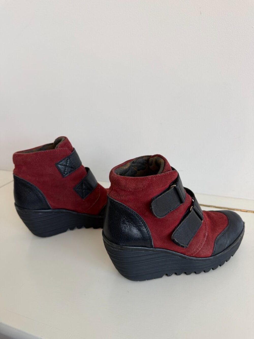 FLY London Red Suede Black Leather Double Strap Wedge Ankle Boots